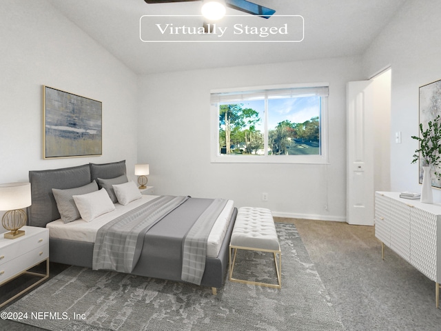 bedroom featuring dark colored carpet