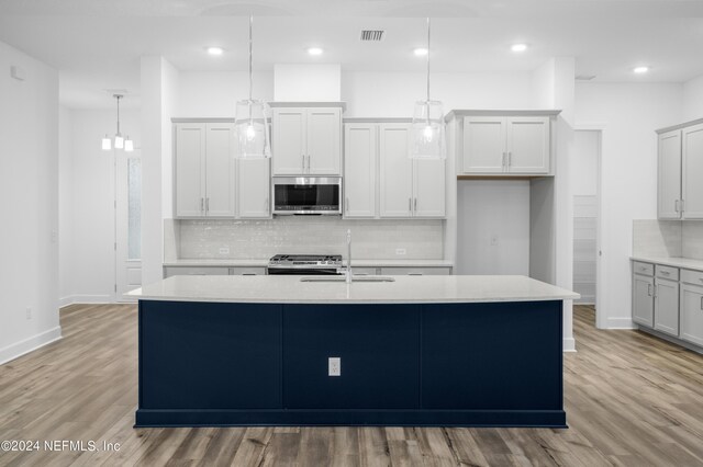 kitchen with light hardwood / wood-style flooring, range, and a kitchen island with sink