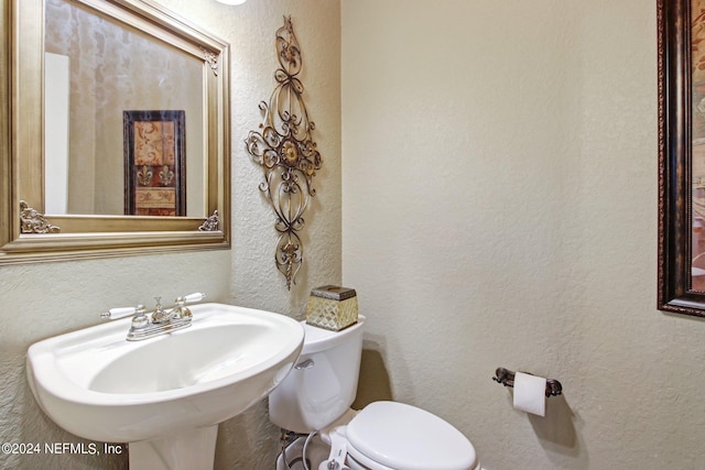 half bathroom featuring toilet, a sink, and a textured wall