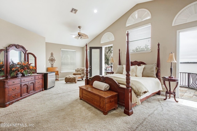 bedroom featuring ceiling fan, high vaulted ceiling, recessed lighting, light carpet, and visible vents