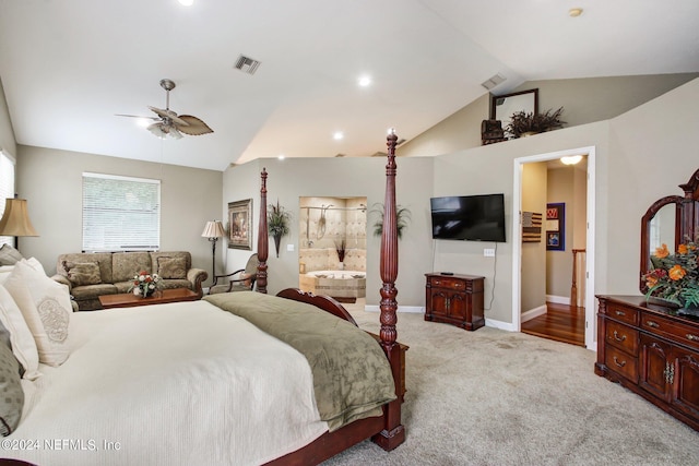 carpeted bedroom featuring connected bathroom, ceiling fan, and lofted ceiling