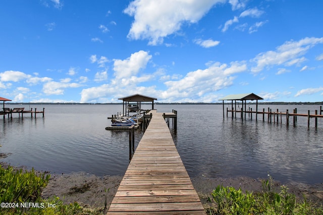 view of dock with a water view