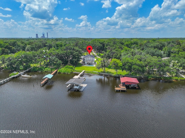 drone / aerial view with a water view