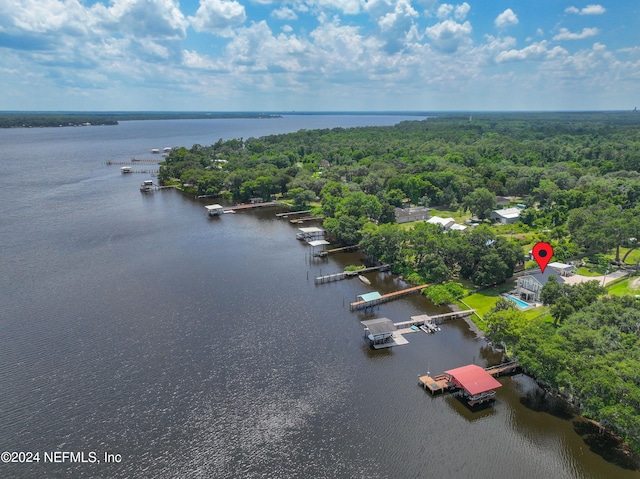 aerial view featuring a water view and a wooded view