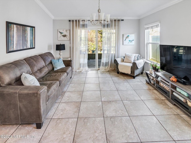 living room featuring ornamental molding, light tile floors, and an inviting chandelier