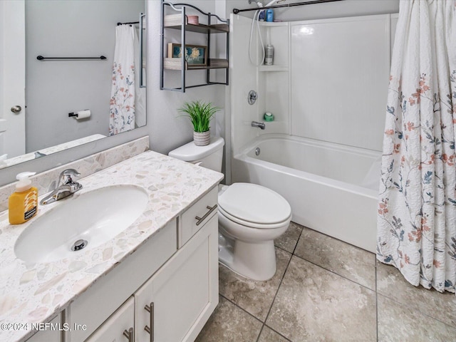 full bathroom with tile floors, shower / bath combo, large vanity, and toilet