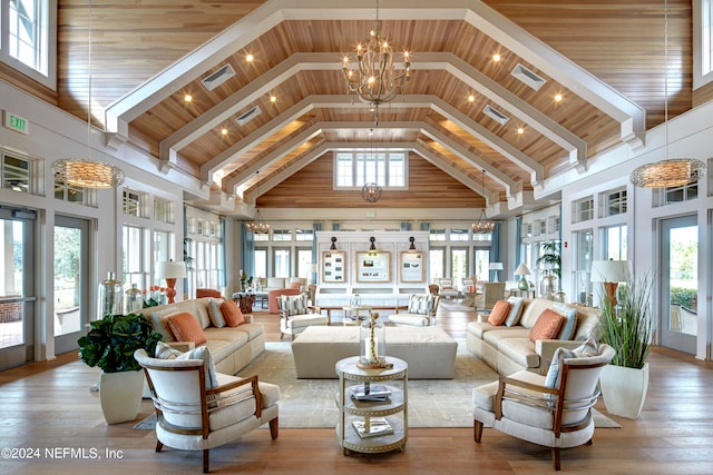 sunroom / solarium with plenty of natural light, wood ceiling, and a chandelier