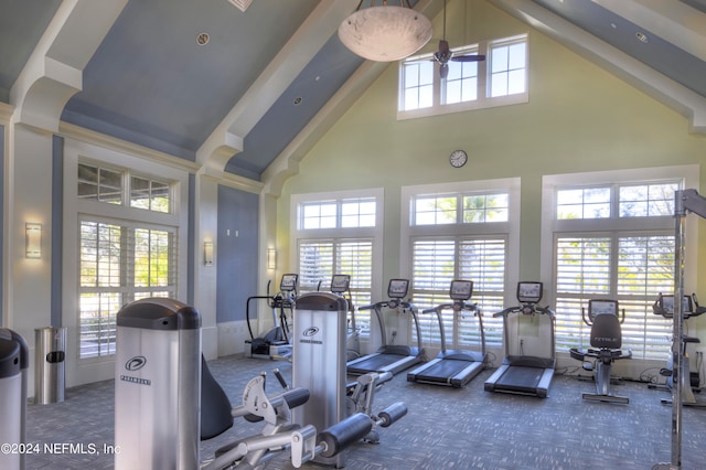 workout area featuring high vaulted ceiling and carpet flooring