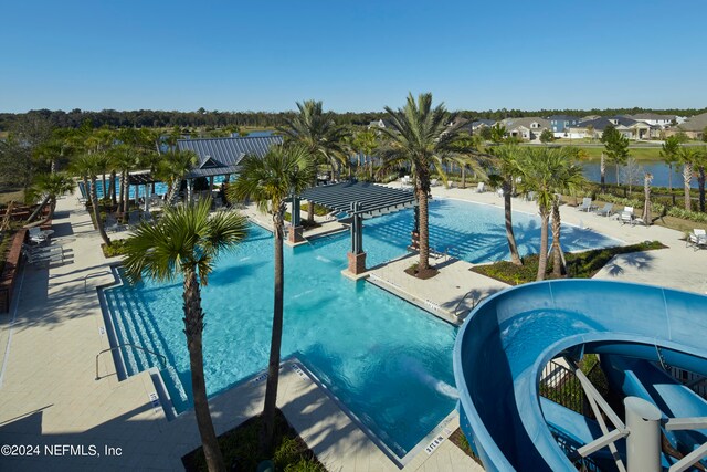 pool featuring a residential view and a water view