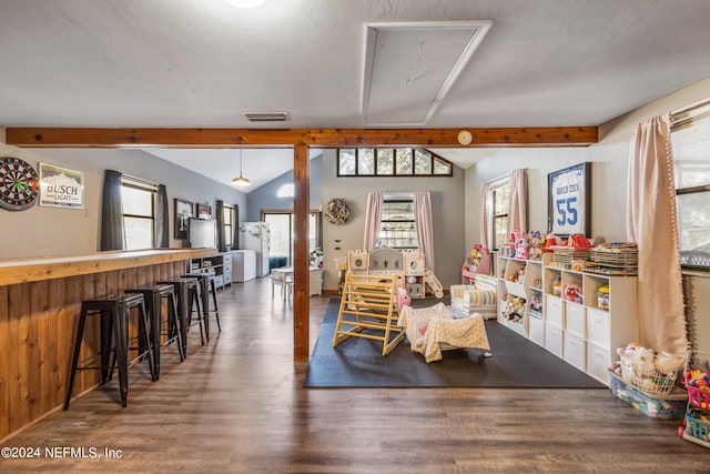 interior space featuring indoor bar, dark hardwood / wood-style floors, a wealth of natural light, and lofted ceiling with beams