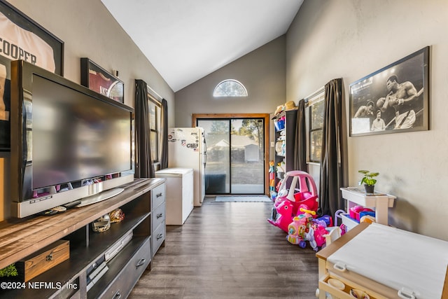 interior space featuring high vaulted ceiling and dark hardwood / wood-style floors