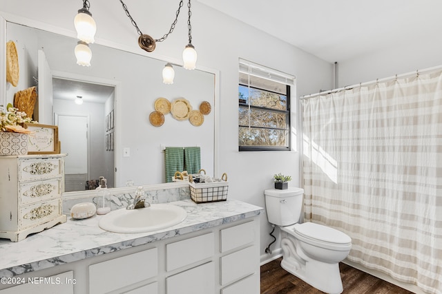 bathroom featuring toilet, vanity with extensive cabinet space, and hardwood / wood-style floors