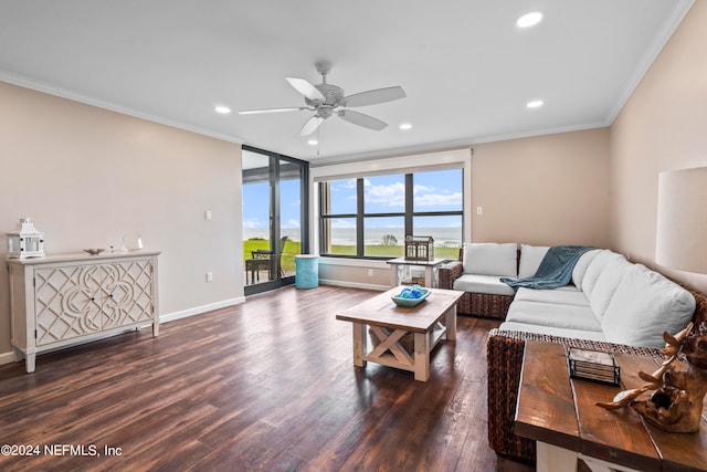 living room with crown molding, dark hardwood / wood-style floors, ceiling fan, and a wall of windows