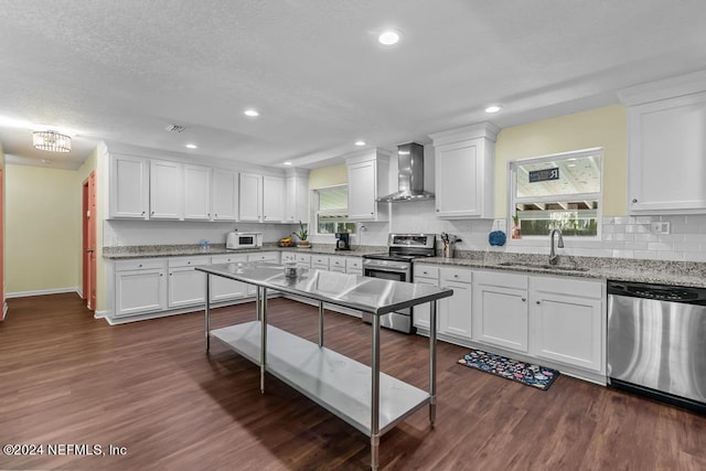 kitchen featuring wall chimney exhaust hood, dark hardwood / wood-style flooring, and appliances with stainless steel finishes