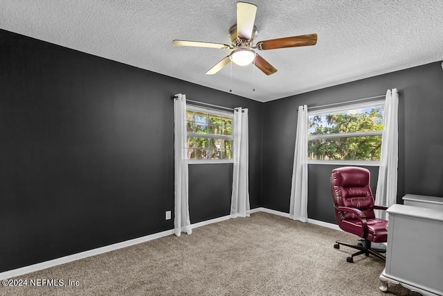 carpeted home office with ceiling fan, a textured ceiling, and a wealth of natural light
