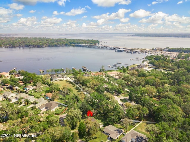 aerial view featuring a water view