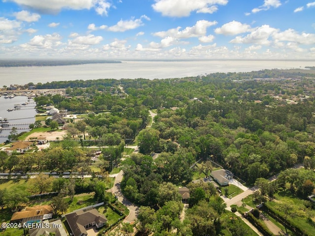 drone / aerial view with a water view
