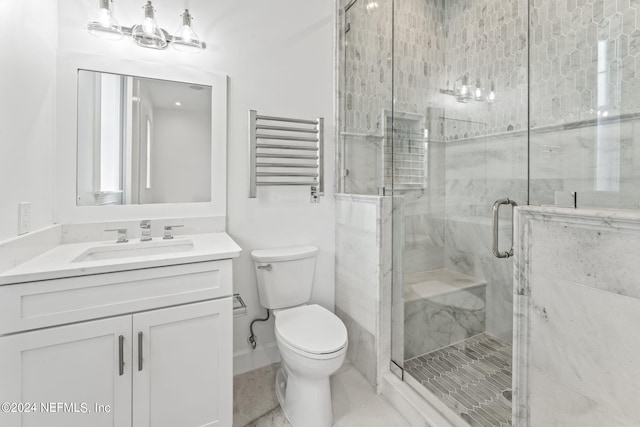 bathroom with a shower with door, toilet, a notable chandelier, radiator heating unit, and vanity