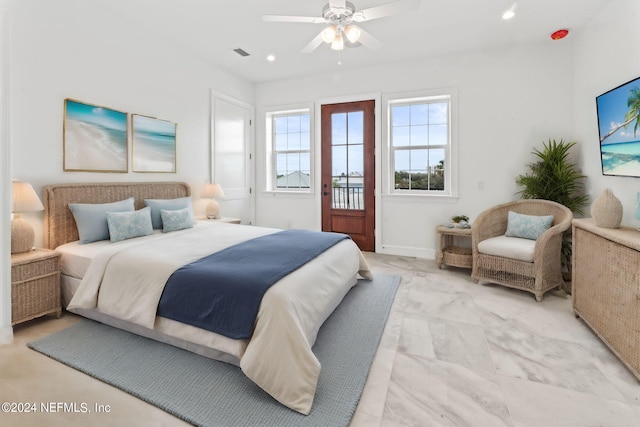 bedroom featuring access to exterior and ceiling fan