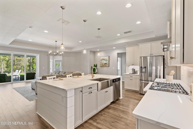 kitchen with a tray ceiling, visible vents, open floor plan, and stainless steel appliances