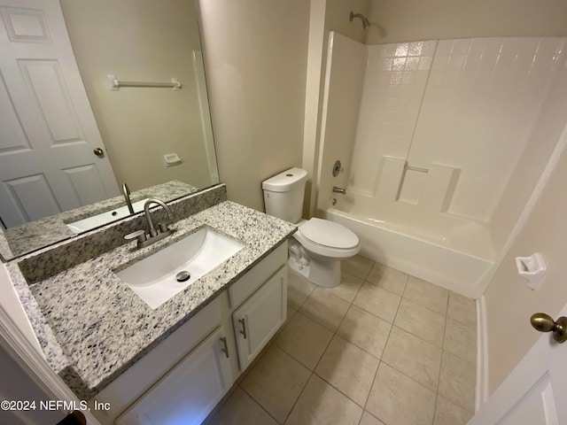 full bath with vanity, tub / shower combination, tile patterned flooring, and toilet