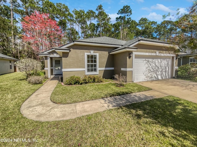 view of front of house with a garage, concrete driveway, roof with shingles, stucco siding, and a front yard