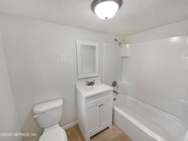 full bathroom featuring toilet, a textured ceiling, vanity, shower / tub combination, and tile floors