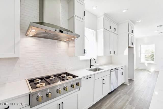 kitchen with white cabinets, stainless steel appliances, sink, and wall chimney range hood