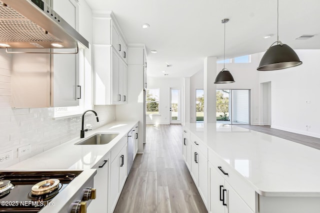 kitchen featuring ventilation hood, sink, white cabinets, hanging light fixtures, and a large island