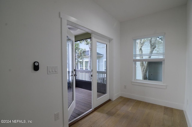 doorway with french doors, light hardwood / wood-style flooring, and a wealth of natural light