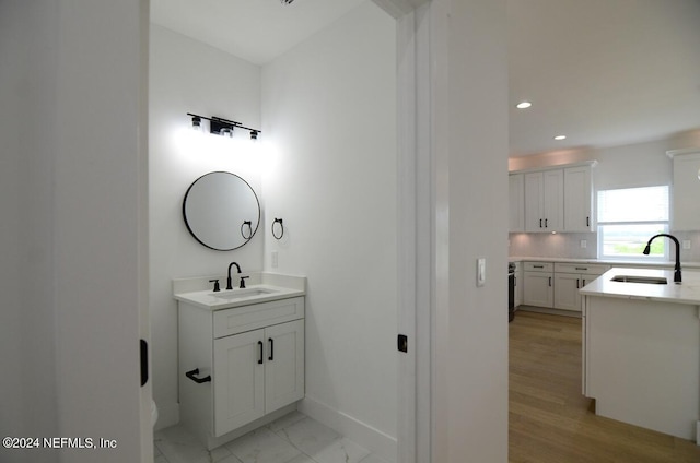 bathroom featuring hardwood / wood-style flooring, sink, and tasteful backsplash