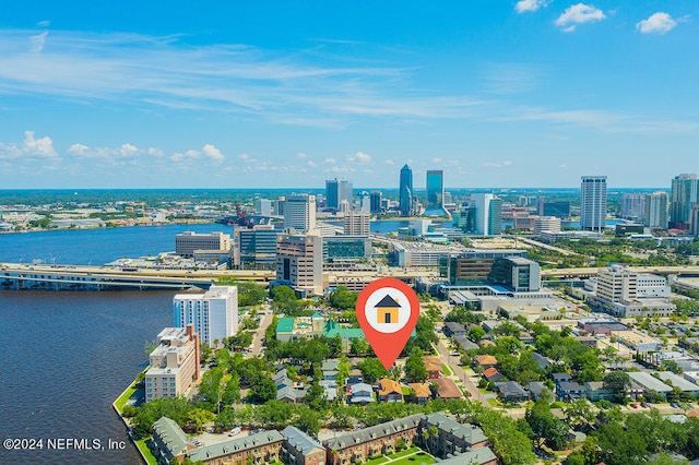 birds eye view of property featuring a water view