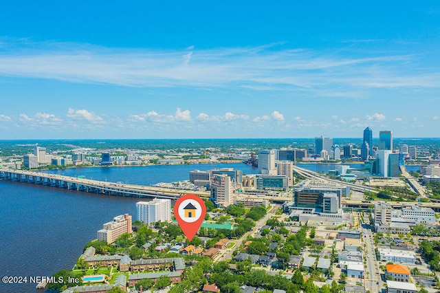 drone / aerial view featuring a water view