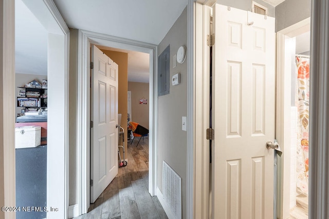 hall featuring dark wood-type flooring