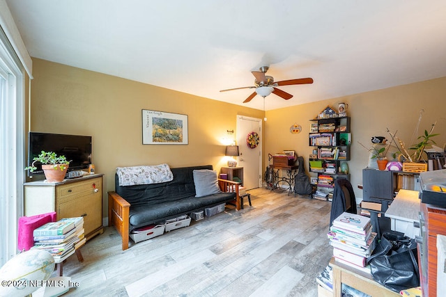 office space with light hardwood / wood-style floors and ceiling fan