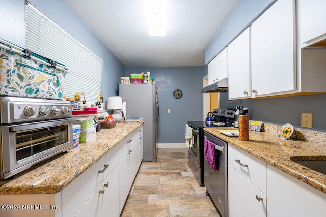 kitchen with white cabinets, stainless steel dishwasher, range, and light hardwood / wood-style flooring