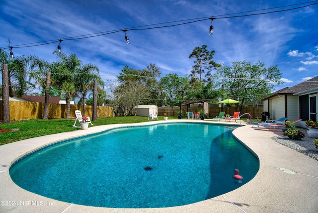 view of swimming pool with a yard, a patio area, and an outdoor structure