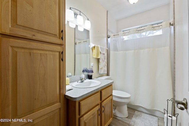 bathroom with toilet, vanity, and wood-type flooring