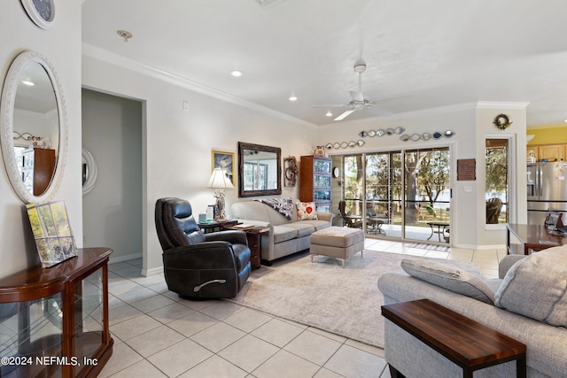 tiled living room featuring ornamental molding and ceiling fan