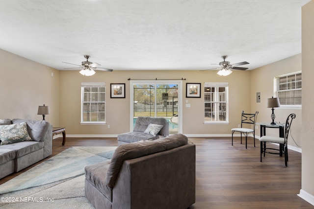 living room with ceiling fan and dark hardwood / wood-style flooring