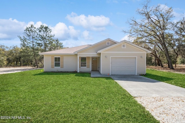 single story home with a front lawn and a garage