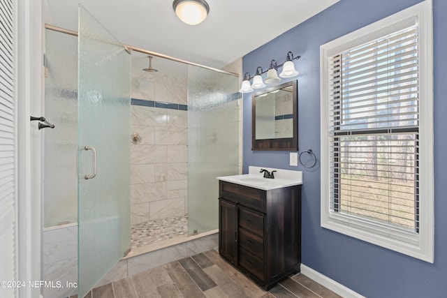 bathroom with a shower with door, wood-type flooring, and large vanity