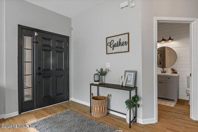 entryway featuring a textured ceiling, sink, and hardwood / wood-style flooring