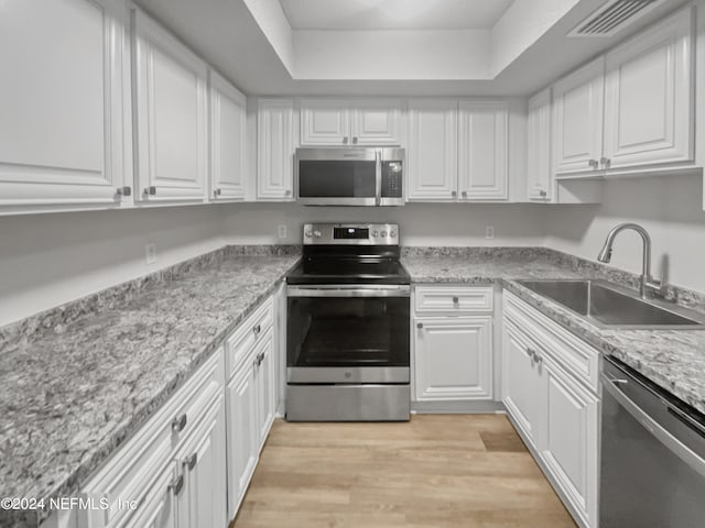 kitchen with appliances with stainless steel finishes, a tray ceiling, sink, and light wood-type flooring