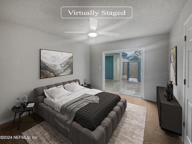 bedroom with light carpet, a textured ceiling, ceiling fan, and access to outside