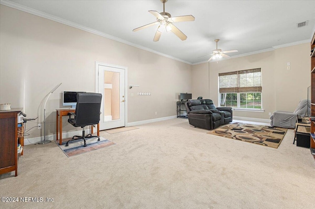 office area featuring carpet, visible vents, ornamental molding, ceiling fan, and baseboards