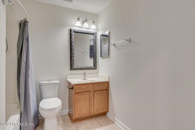 full bathroom with vanity, tile patterned flooring, toilet, a textured ceiling, and shower / tub combo