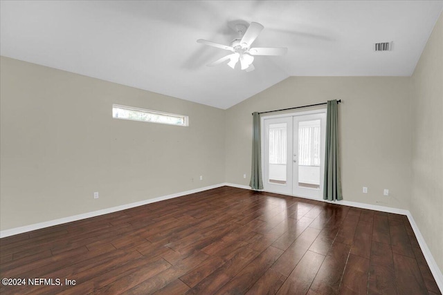 unfurnished room featuring french doors, dark hardwood / wood-style flooring, ceiling fan, and lofted ceiling