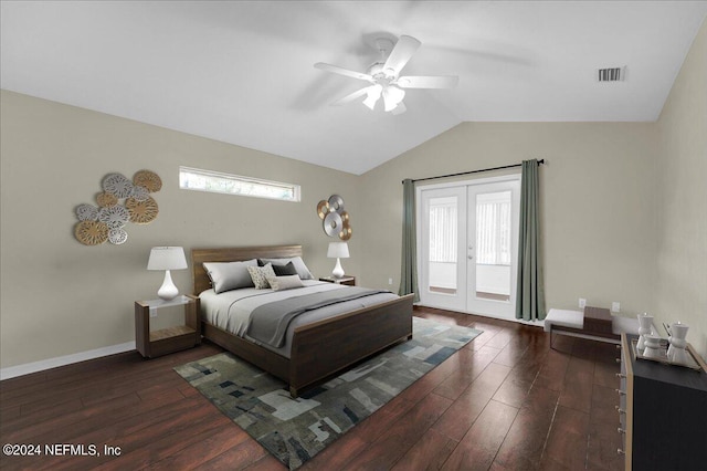 bedroom featuring access to outside, dark wood-type flooring, ceiling fan, and french doors