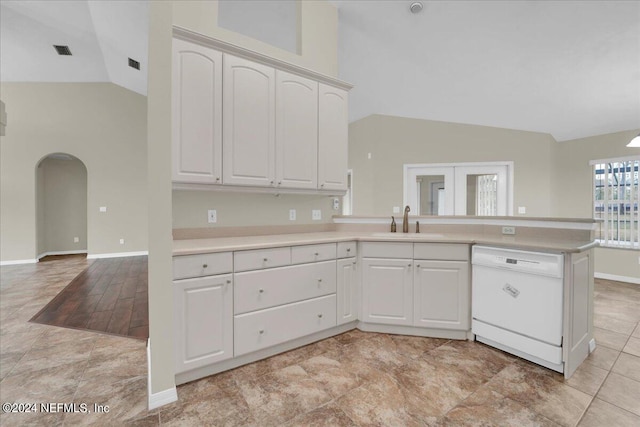 kitchen with white cabinetry, sink, light tile floors, dishwasher, and french doors